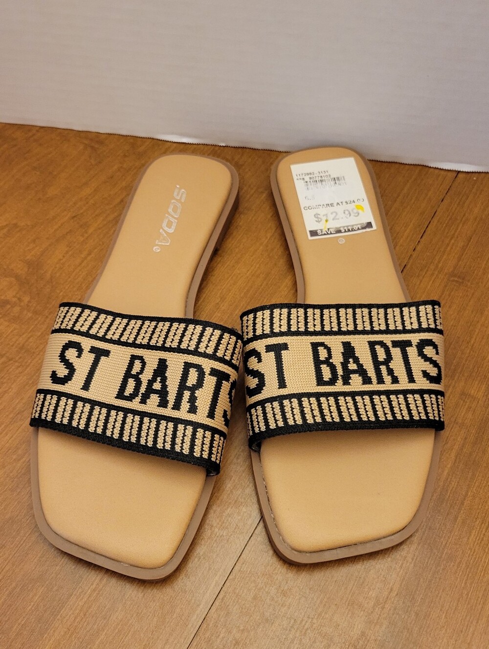 Soda Beige and Black 'ST BARTS' Slide Sandals, Size 6. NEW